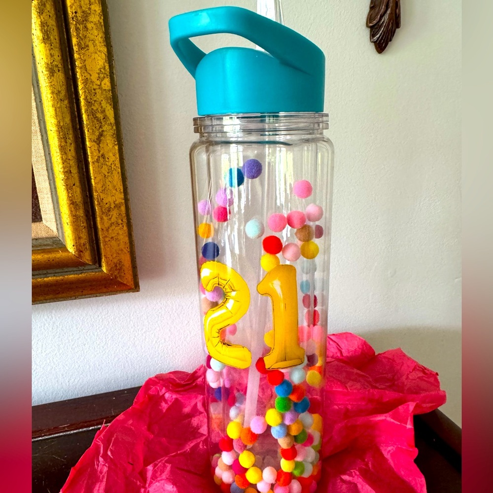 New Hallmark 21 Birthday colorful  Pom Pom Water Bottle with pop top straw 21st
